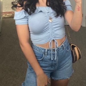 Blue off the shoulder top with adjustable strings